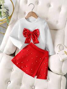 Elladie kids Dziewczęca koszulka z okrągłym dekoltem i długim rękawem, z kokardą i perłowym wzorem, z krótkimi spodenkami i wysokim stanem, z perłowym wzorem, strój na powrót do szkoły, odpowiedni na święta i Boże Narodzenie, w kolorze czerwonym