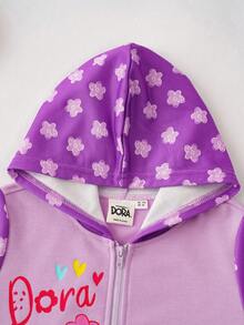 DORA | SHEIN Young Girl Cartoon Monkey & Dora Print Hooded Zip-Up Sweatshirt, Autumn/Winter - Purple - View 3