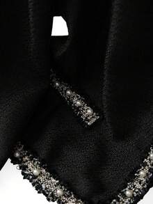 GlowEve CURVE 大码女式两件套：优雅黑色撞色珍珠串珠饰边 V 领长袖开衫夹克和圆领珍珠缀饰长裙，适合秋冬休闲、工作、派对 - 黑色 - 查看 7