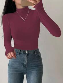 DAZY Kaos Dalam Wanita Lengan Panjang Kerah Tinggi, Hitam, Musim Semi/Panas/Gugur - Red Violet - View 4