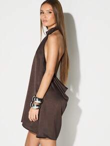 KIZN Halter Neck Backless Mini Dress Cowl Neckline Sleeveless Party Club Evening Dress - Brown - View 1