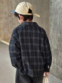 DAZY 青少年男孩休闲格子长袖衬衫，秋季 - 藏蓝色 - 查看 5