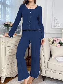 女士休闲加绒长袖上衣和裤子家居服两件套，藏蓝色家居服套装，秋冬款 - 藏蓝色 - 查看 4