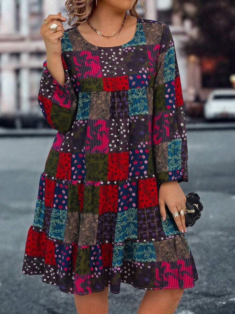 EMERY ROSE Vestido corto minimalista casual de manga larga y cuello redondo con parches, talla grande, para ropa de Año Nuevo - Rojo - Ver 1