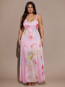 SHEIN BAE Romantic Vacation Boho Floral Mesh Print Patchwork Shell Ribbon Waist Maxi A-Line Long Dress - Multicolor - View 6