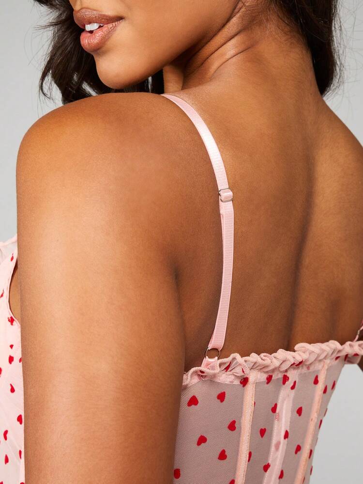 MISSGUIDED Heart Print Mesh Corset Longline Bustier Valentine Lingerie Ruffle Detail