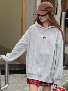 DAZY Teen Girls' Bow Embroidery Drop Shoulder Long Sleeve Casual Fleece Hoodie, Autumn/Winter,New Year,Christmas
