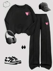 Sparklyn 1 套青少年女孩时尚休闲粉色心形印花圆领运动衫和阔腿运动裤套装，百搭秋冬装 - 黑色 - 查看 1