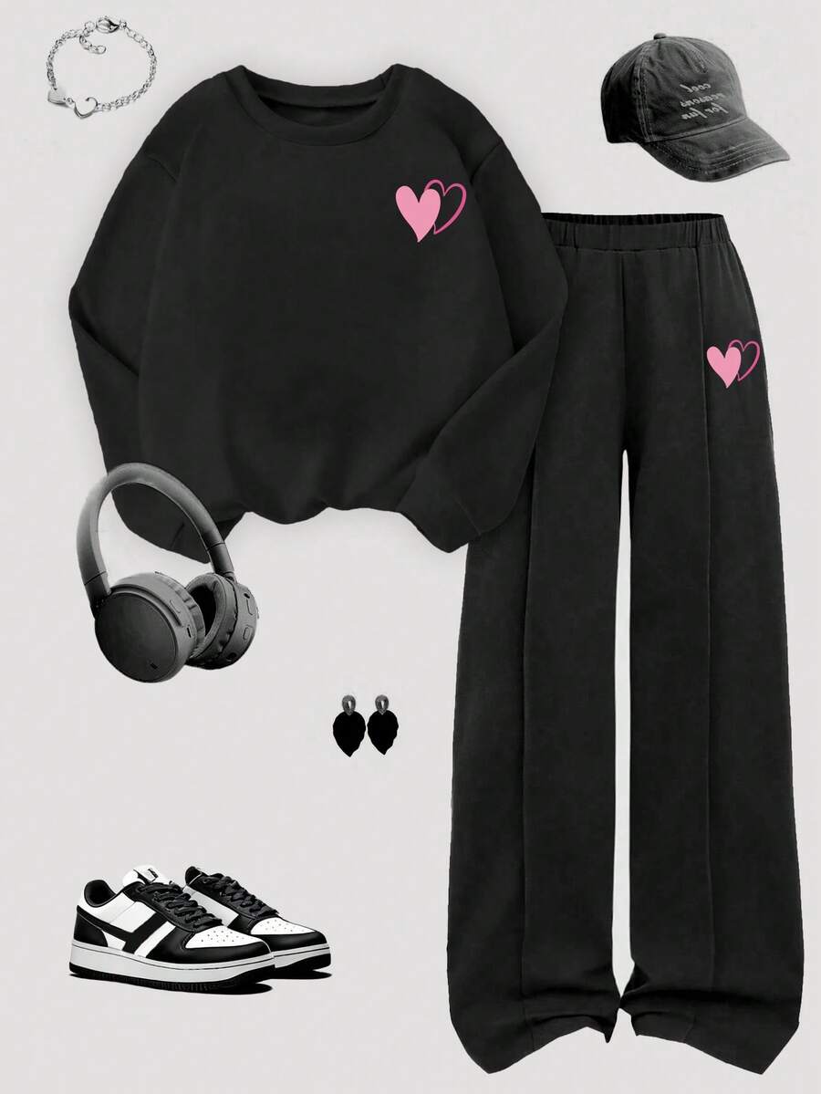 Sparklyn 1 套青少年女孩时尚休闲粉色心形印花圆领运动衫和阔腿运动裤套装，百搭秋冬装 - 黑色 - 查看 1