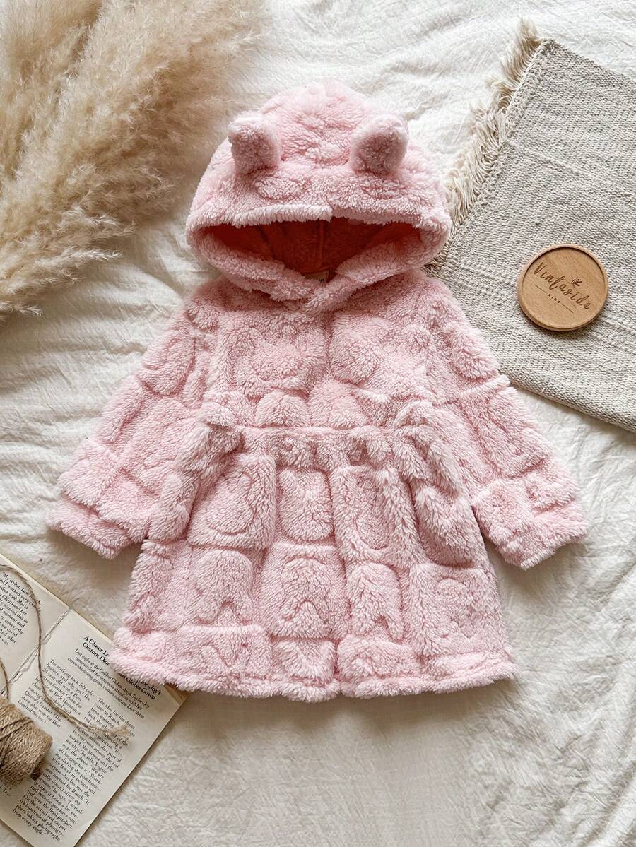 Vintaside Kids Babygirl 女婴秋冬长袖连帽提花毛绒保暖时尚连衣裙，适合居家休闲、户外活动或度假，为秋冬穿着提供舒适时尚的外观 - 粉色 - 查看 1