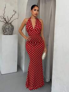 SHEIN SXY 女式性感深V领波尔卡圆点优雅吊带鱼尾下摆连衣裙 - 玫瑰紅 - 查看 5