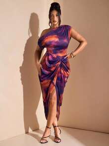 SHEIN BAE Váy midi xẻ tà, váy tốt nghiệp, váy sinh nhật cho nữ, váy in họa tiết tie-dye xẻ tà màu, váy dự tiệc cưới - Nhiều màu - Xem 5