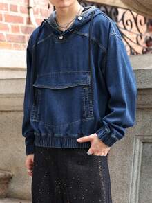 ROMWE MEN Street Life 男士休闲抽绳连帽牛仔夹克，秋季 - 藍色 - 查看 2