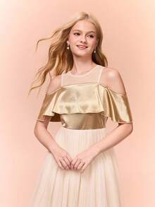 Vestido de satén con patchwork y superposición de malla, vestido de gala largo para adolescentes en color dorado para fiesta/banquete