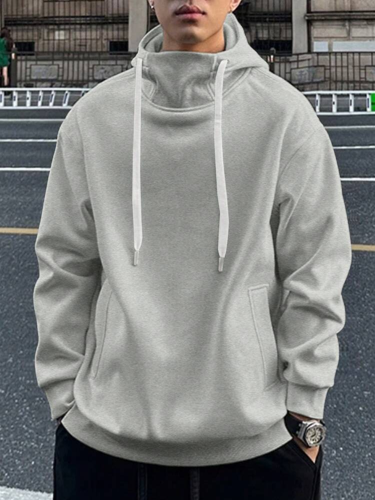 Claim Dot 男士休闲纯色日常穿搭斜插口袋抽绳连帽卫衣，灰色连帽衫，带口袋，适合秋季穿着，长袖上衣 - 淺灰色 - 查看 1