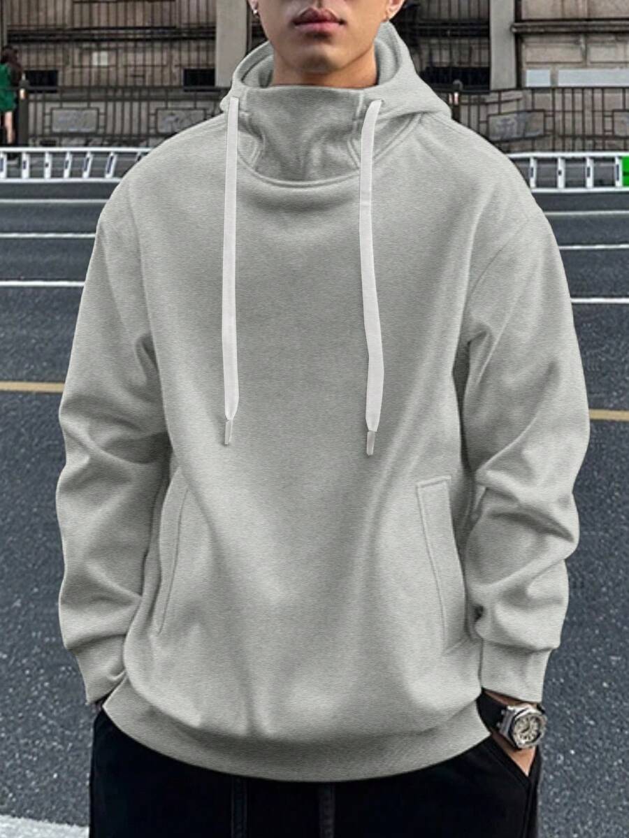 Claim Dot 男士休闲纯色日常穿搭斜插口袋抽绳连帽卫衣，灰色连帽衫，带口袋，适合秋季穿着，长袖上衣 - 淺灰色 - 查看 1