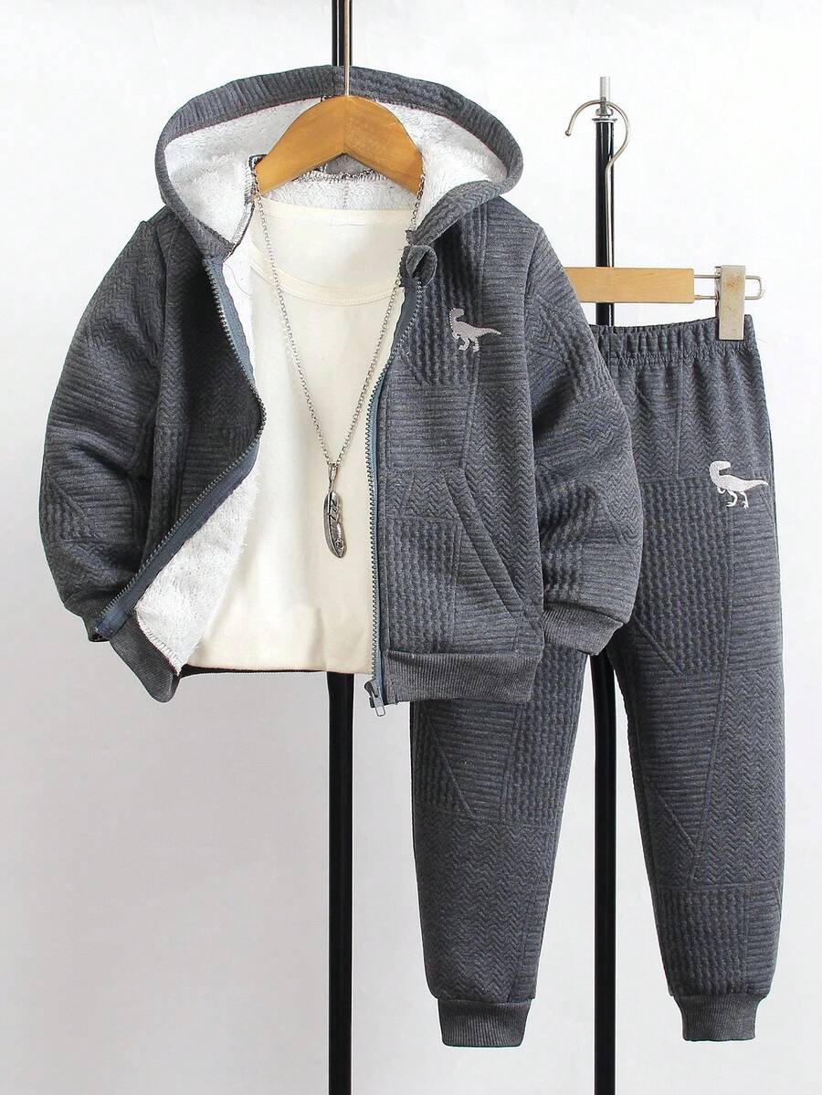 SHEIN 2 件套可爱卡通印花拉链连帽衫和慢跑裤套装,休闲街头服饰,舒适秋冬 - 灰色 - 查看 1