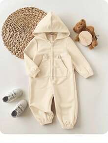 SHEIN Newborn Baby Girl Cute Pink Knitted Hooded Jumpsuit, Autumn/Winter - Apricot - View 5