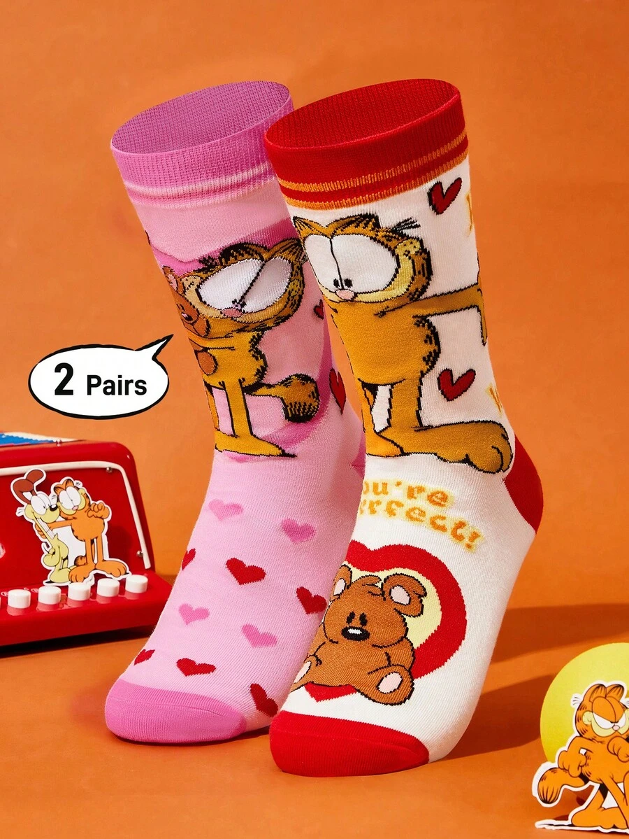 GARFIELD | SHEIN 2 双柔软透气吸湿排汗休闲女士中筒袜,带猫和熊图案,时尚可爱的白色和粉色中筒袜,加固脚趾和脚跟,经久耐用,适合所有季节,适合夏季和冬季,喜欢 - 彩色 - 查看 1