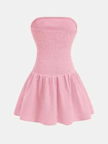 青少年女孩休闲简约舒适褶皱设计无袖泡泡袖连衣裙