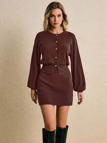 Poéselle 女式复古风格纽扣前开衫和裙子两件套，简约优雅，秋冬 - 咖啡棕 - 查看 4