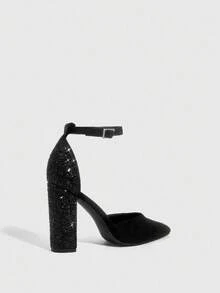 CUCCOO SZL Fashionable Pointed Toe Thick High Heel Black Glitter Ankle Strap Women's High Heel Pumps, Hollow Out Sexy Elegant Party Dress Shoes For Christmas
