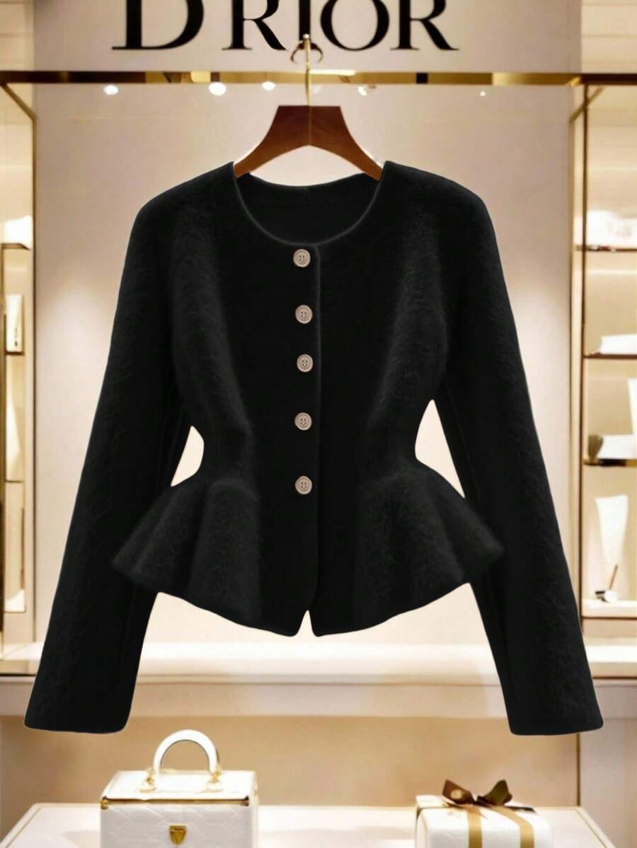Franclia Women's Elegant Front Button Ruffle Hem Cardigan, Autumn - Black - View 1
