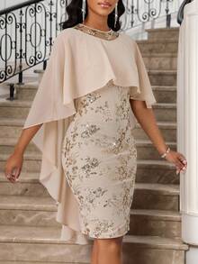 SHEIN Lady Beige,Summer,Elegant,Wedding Sequin Luxury Evening Maxi Dress 2-Piece Set For Women,Plus Size Embroidered Party Solid Color Cape & Christmas Clothes - Khaki - View 6