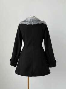 Sunspun Plus Size Women Overcoat With Faux Fur Collar And Double-Breasted Button Closure