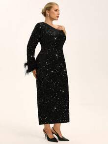 Aveloria Rosie Plus Size Women's Autumn/Winter New Arrival, Heavily Embellished Sequin One Shoulder Long Sleeve Asymmetric Design, French Luxury Elegant High Waist Fitted Slimming Long Dress, Double Layer Feather Cuff Decoration, Sophisticated Little Black Dress Versatile High-End, Suitable For Formal Occasions, Weddings, Parties