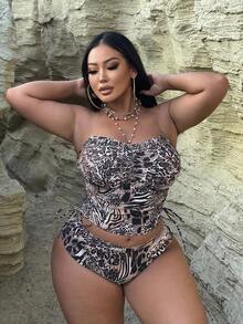 Slaydiva 加大码分体泳衣两件套，简约休闲夏季女式沙滩装，随机印花 - 彩色 - 查看 4