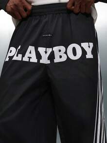 PLAYBOY X SUMWON 阔腿运动裤，带侧条纹和品牌标志印花，适合休闲街头服饰冬季舒适家居服 - 黑色 - 查看 6