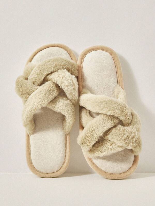 Cuccoo Women's Fluffy Criss-Cross Slippers, Flat, Non-Slip, Suitable For Autumn/Winter