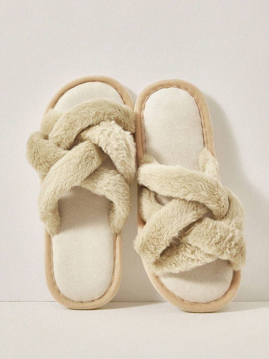 Cuccoo Women's Fluffy Criss-Cross Slippers, Flat, Non-Slip, Suitable For Autumn/Winter