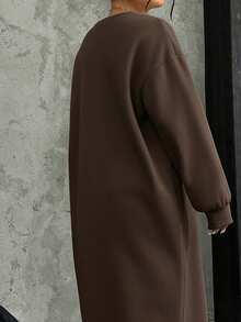 SHEIN EZwear 大码宽松休闲长款羊毛卫衣连衣裙，秋冬 - 棕色 - 查看 7