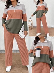 EMERY ROSE Conjunto informal de 2 piezas de camiseta de manga larga con cuello, cremallera y bloques de color de punto suave y pantalones acanalados suaves para tallas grandes - Multicolor - Ver 3
