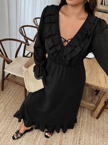 Weeklong Đầm dài tay cổ bèo nhún màu trơn thanh lịch cỡ lớn cho nữ - màu đen - Xem 6