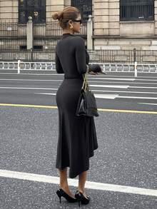 Livesso Women's Autumn High Neck Ruched Tie-Waist Side Slit Dress