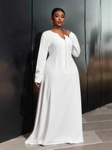 Veslaya 2025 Autumn/Winter New Arrival Elegant & Commute & Party & Date & Casual Outing & Daily Casual & Evening Dress Plus Size A-Line Solid White Long Sleeve V-Neck Front Zipper Semi-Sheer Knit Maxi Dress For Plus Size Women,Elegant Dresses For Women,White Dress For Women,One-Piece Dress Ladies Autumn Winter