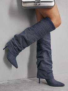 CUCCOO SZL Women's Pointed Toe Stiletto Heel Blue Denim Dual Fabric Design Fashionable Minimalist Comfortable Daily Party Slip-On Side Zipper Boots - Navy Blue - View 1