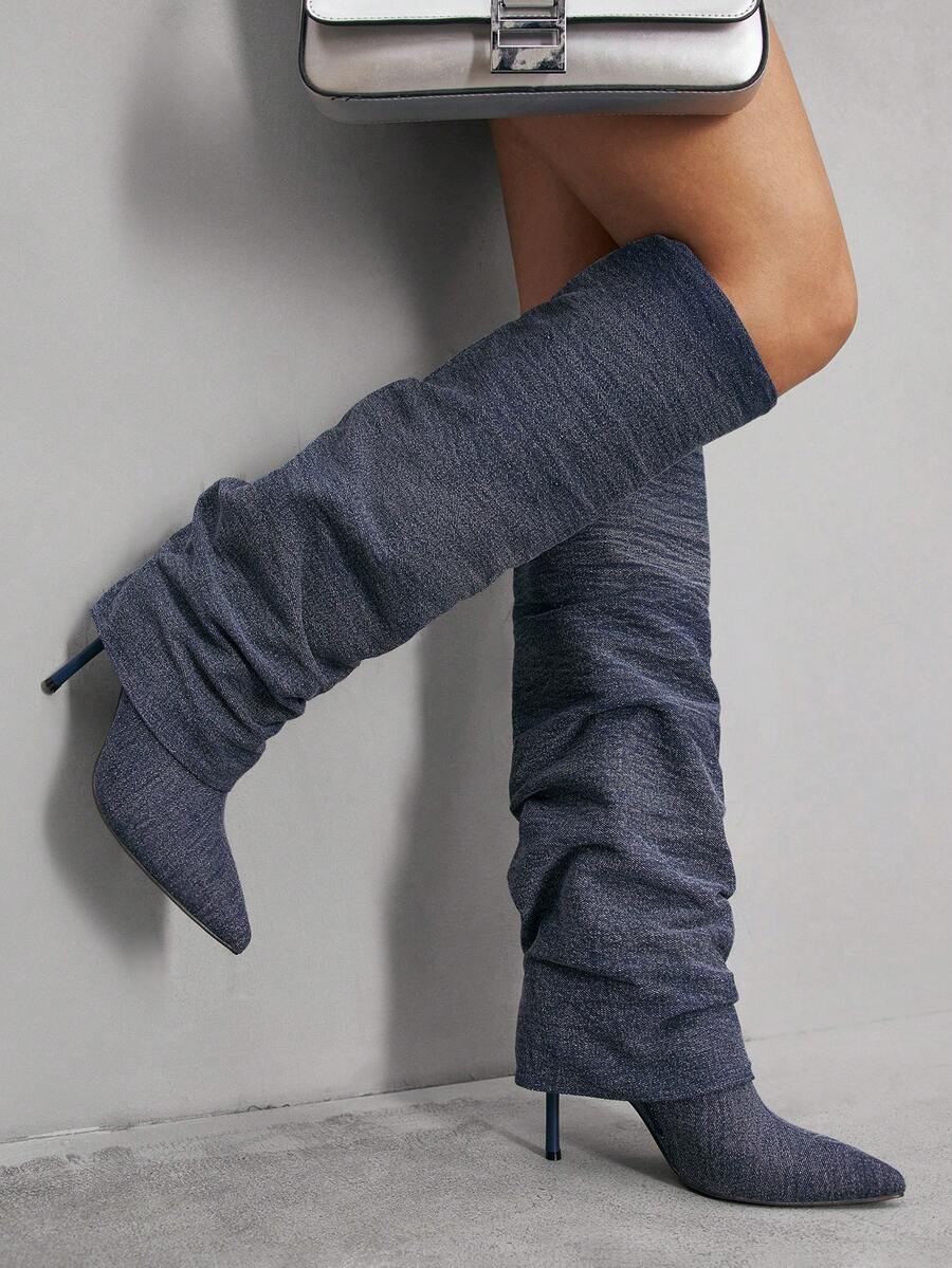 CUCCOO SZL Women's Pointed Toe Stiletto Heel Blue Denim Dual Fabric Design Fashionable Minimalist Comfortable Daily Party Slip-On Side Zipper Boots - Navy Blue - View 1