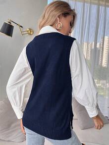 SHEIN Essnce Split Hem Sweater Vest Without Blouse In Fall/Winter,Fall,Fall Clothes For Women - Navy Blue - View 2