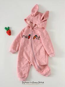 Cozy Pixies Áo liền quần dài tay có mũ trùm đầu bằng vải dệt họa tiết hình thỏ, cà rốt và trái tim dành cho bé gái sơ sinh/trẻ nhỏ - Hồng - Xem 1