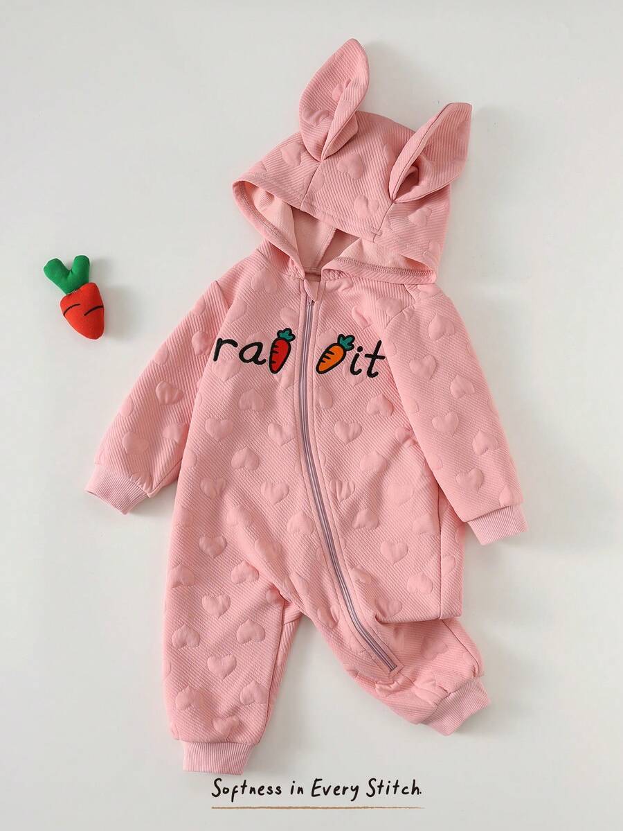 Cozy Pixies Áo liền quần dài tay có mũ trùm đầu bằng vải dệt họa tiết hình thỏ, cà rốt và trái tim dành cho bé gái sơ sinh/trẻ nhỏ - Hồng - Xem 1