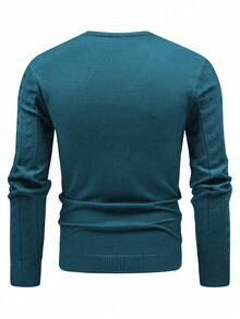 Claim Dot 男士纯色简约圆领长袖针织衫，休闲日常穿着男士麻花针织衫，绿松石色男士毛衣 - 水鴨藍 - 查看 2