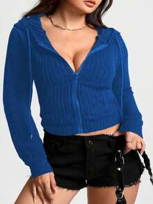 Calvaya Sudadera con capucha de manga larga con cremallera y costillas de unicolor talla grande - Azul - Ver 3