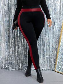 Cravure Plus Size Autumn Fashion Elastic Waist Contrast Color Leggings - Multicolor - View 4