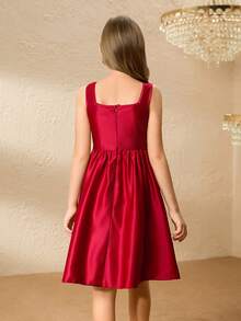 Tween Girl' Spaghetti Strap Dress With Bow, Ruffle Hem & Sequin Patchwork, Elegant & For Halloween, Christmas, Party - Red - View 2