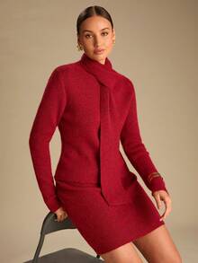 Enchnt Women's Wine Red Stand Collar Long Sleeve Knitted Mini Dress With Scarf,Elegant Chic Autumn Fall Clothes For Party,Brunch,Holiday&Office - Burgundy - View 2
