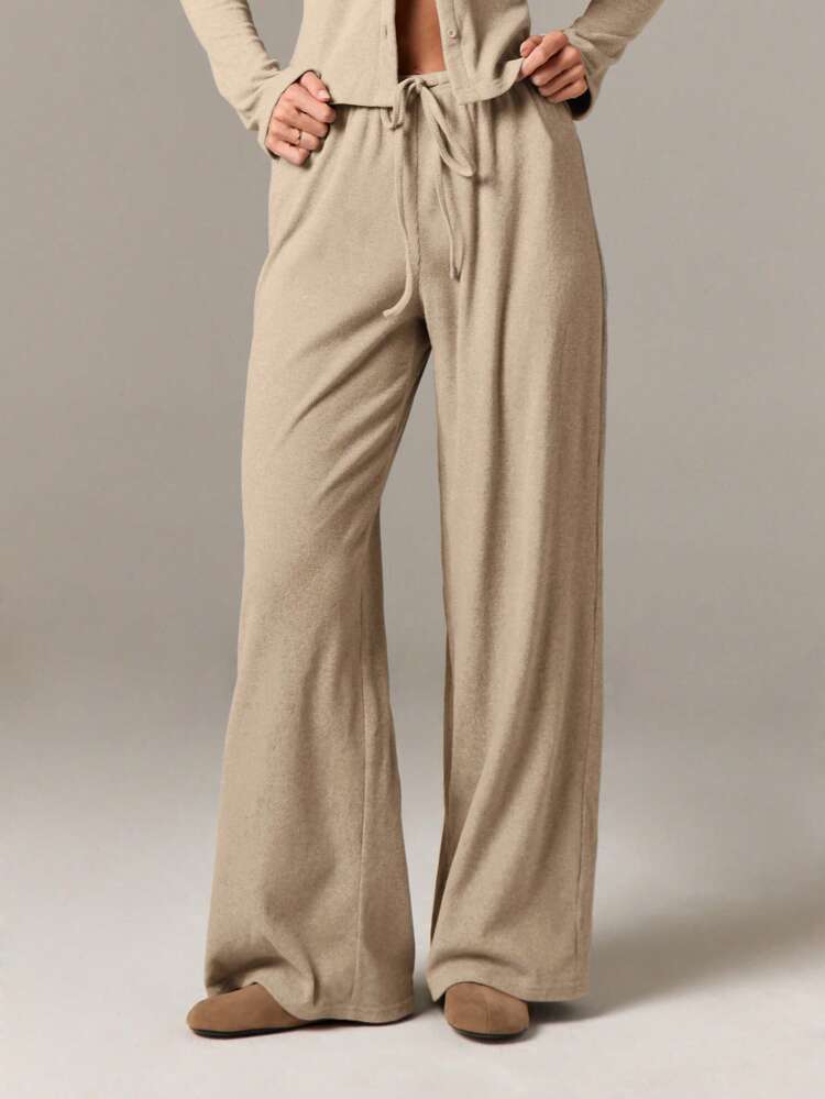 Ribbed Cardigan And Wide Leg Pants Set